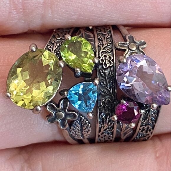 Ring Size 9 Citrine Tourmaline Peridot Topaz Floral Nature Sterling Silver 925 W - Picture 1 of 10
